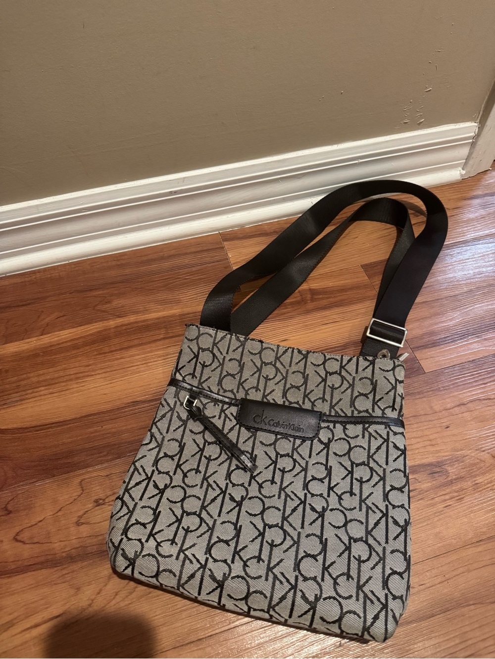 Calvin Klein Gray Monogram Messenger Bag with Black Strap